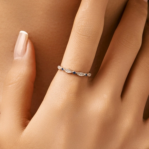 925 Sterling Silver Ring For Women Simple Small Design Stackable Blue White Rhinestone Inlaid Geometric Finger Ring Jewelry Gift