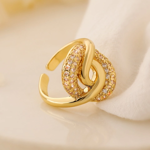 Geometrischer Verdrehter Knoten Verstellbarer Offener Ring 18K Vergoldetes Kupfer Zirkon Luxus Mode Schmuck Damen