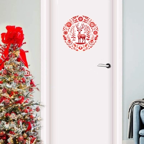Christmas Reindeer Wall Sticker Red PVC Round Window Decal Holiday Home Decor Xmas Tree Snowflake Pattern