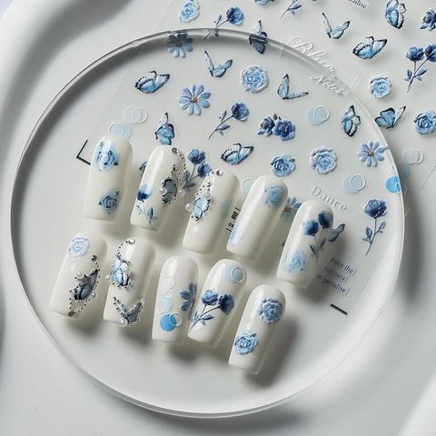 Blue Floral Butterfly Embossed Nail Art Stickers Self Adhesive Elegant Relief Decals For Manicure DIY Nail Decoration