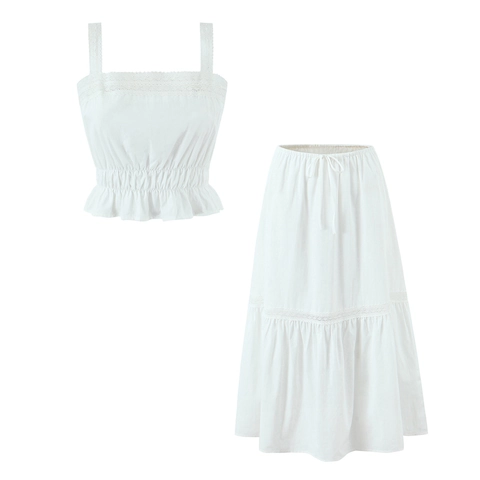 Damen Rock Set Im Französischen Stil Weißes Spitze Ärmelloses Camisole Top Und Rüschen Langer Rock Boho Sommer Set