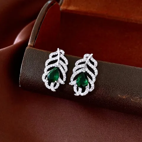 Orecchini A Lobo Foglia Piuma Rame Con Zircone Verde Pera E Perno In Argento Sterling 925 Gioielli Di Lusso Vintage