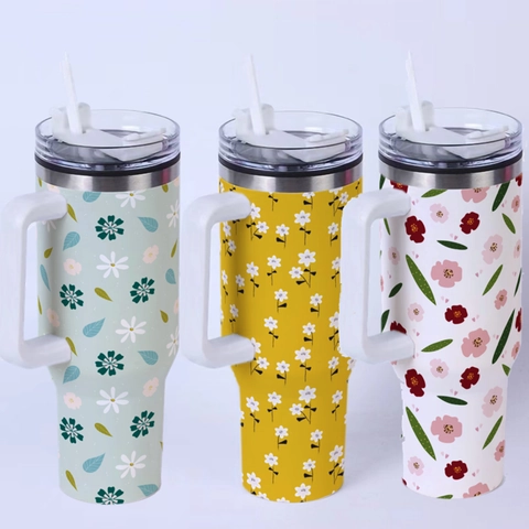 Large Capacity Stainless Steel Insulated Tumbler With Handle And Straw Vacuum Coffee Mug Car Travel Cup Floral Print