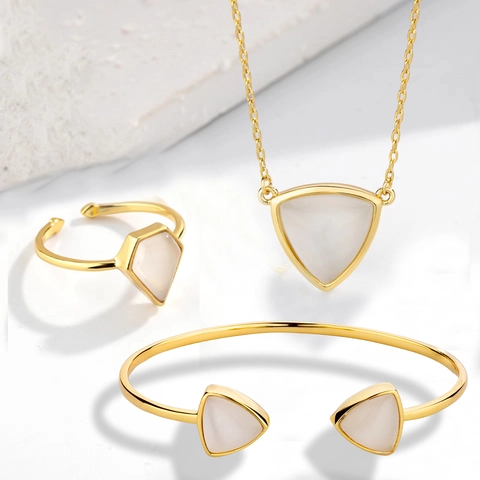 18K Gold Plated Copper Necklace Bangle And Open Ring Minimalist Geometric Cat's Eye Stone Jewelry For Women