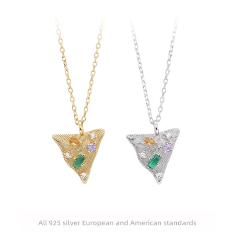 Collier Pendentif Triangle en Argent Sterling 925 avec Zirconia Coloré Incrusté Chaîne de Clavicule Or Argent Bijoux Femmes
