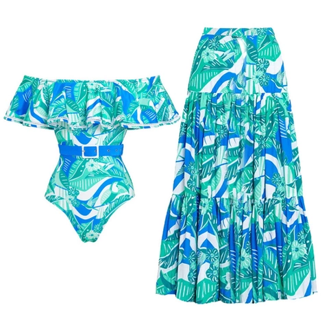 Women One Piece Swimsuit Off The Shoulder Ruffle Tropical Leaf Print Belted Monokini Bathing Suit Beachwear