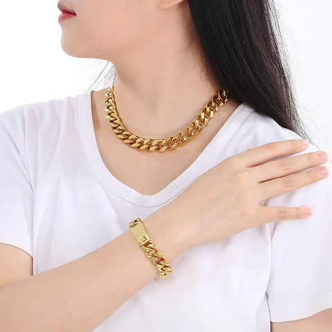 Set Di Gioielli A Catena Cubana Acciaio Inossidabile Placcato Oro 18K Collana Bracciale Orecchini Moda Hip Hop Donna