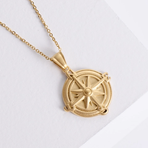 Collier Pendentif Boussole Rétro Acier Inoxydable 304 Plaqué Or 18K Étoile Nautique Finition Mate Bijoux Vintage Pour Femmes Hommes