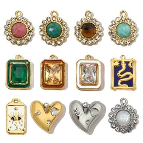 Colgantes Vintage Franceses Charms Acero Inoxidable Esmalte Circón Piedra Natural Corazón Serpiente Mal De Ojo Para Joyería
