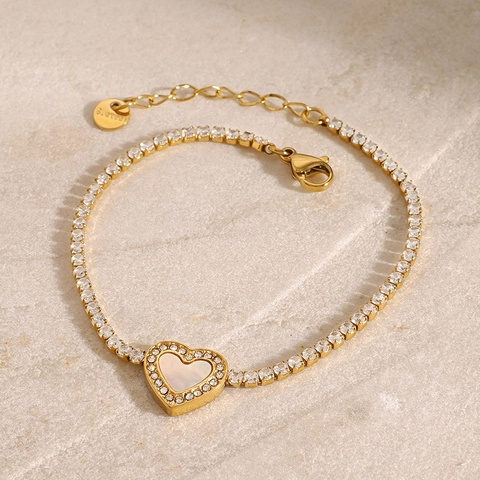 Pulsera Corazón De Acero Inoxidable Con Incrustaciones De Concha Y Cadena Tenis Circonita Brillante Para Mujer Dorado