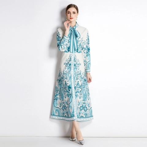 Vestito Lungo Da Donna Manica Lunga Stampa Floreale Paisley Con Collo A Fiocco Abbottonatura Cintura Vintage Elegante Linea A