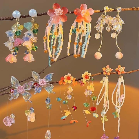 Orecchini Pendenti Con Nappa Lunga Con Fiore In Resina Perline Di Cristallo Lega E Perno In Argento Stile Dolce Da Donna