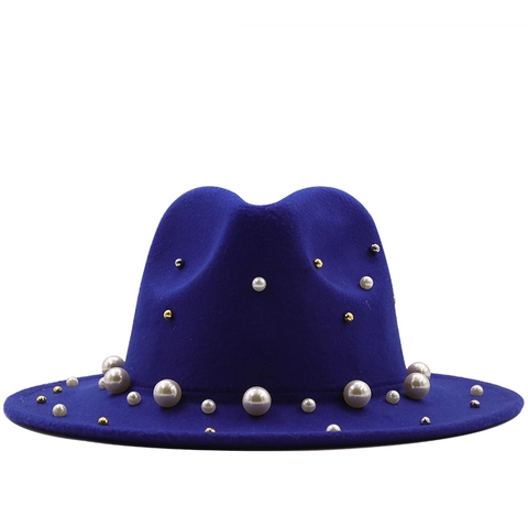 Elegante Cappello Fedora Da Donna In Feltro Di Lana A Tesa Larga Con Decorazione Di Künstliche Perle E Borchie Metalliche