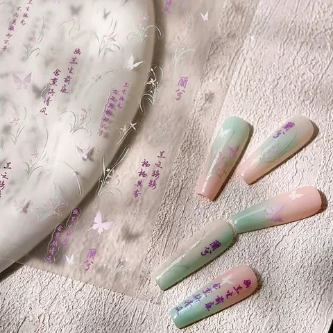 Embossed Nail Art Stickers Chinese Style Orchid Butterfly Floral Manicure Decals Elegant Calligraphy Flower Design
