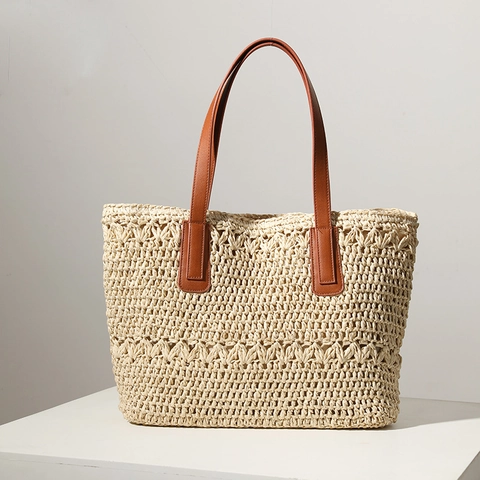 Bolso Tote Grande De Paja Tejida Para Mujer Bolso De Hombro Para Playa Con Asas De Cuero PU Y Cierre De Cremallera
