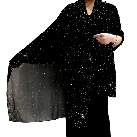 Elegant Polyester Chiffon Rhinestone Shawl Starry Sky Hot-fix Diamonds Evening Party Long Scarf Wrap For Women High-end