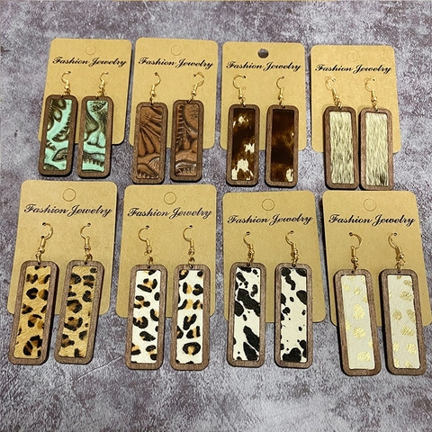 Western Leopard Print Rechteckige Hängeohrringe Holzrahmen Echtleder Fell Bohemian Vintage Geometrisch Für Frauen