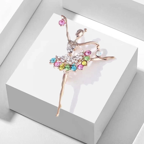 Elegant Alloy Colorful Rhinestone Ballerina Dancer Brooch For Women Fashion Clothing Jewelry Gift Gold Tone Lapel Pin