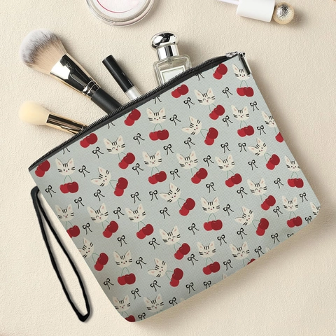 Neceser De Lino Con Estampado De Gato Y Cereza Bolsa De Maquillaje Portátil Con Cremallera Y Correa De Muñeca Para Mujeres
