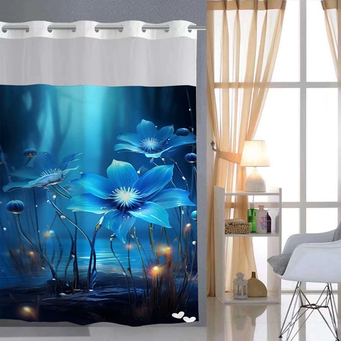 Shower Curtain Waterproof Polyester Waffle Fabric Hookless Large Ring Detachable Liner Mesh Top Bottom Magnets Floral