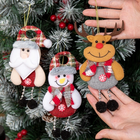 Christmas Tree Hanging Ornaments Fabric Santa Snowman Reindeer Bear Plush Dolls Long Leg Bead Chain Holiday Home Decor