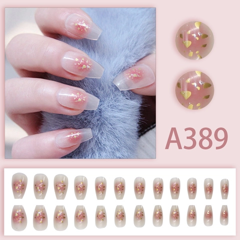 Uñas Postizas Press On Largas Ataúd Degradado Blush Hielo Transparente Con Pan De Oro Brillo Dulce Elegante