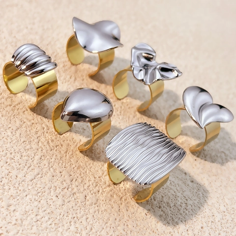 Adjustable Open Rings 304 Stainless Steel 18K Gold Plated Two Tone Irregular Geometric Heart Water Drop Minimalist