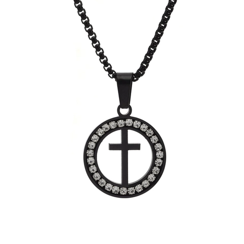 Kruis Hanger Ketting Roestvrij Staal Ronde Schijf Hol Uitgesneden Strass Religieuze Sieraden Voor Heren Dames