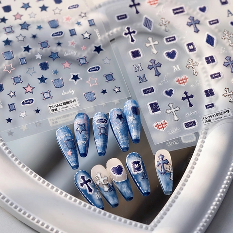 3D Reliëf Nagelstickers Denim Jean Luipaardprint Sterren Harten Kruizen Zelfklevende Decals DIY Manicure Accessoires