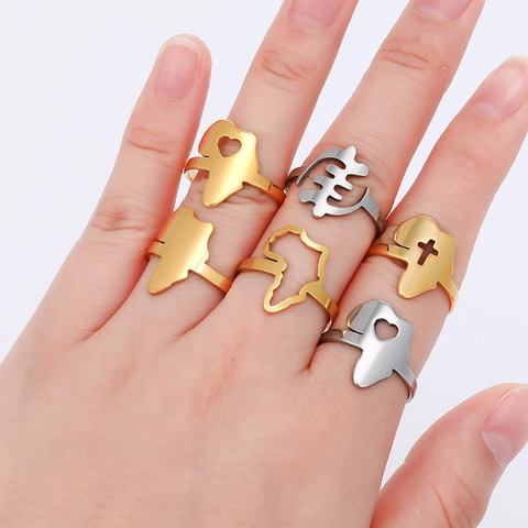 Anello Mappa Africa Acciaio Inossidabile Cuore Croce Simbolo Adinkra Regolabile Fascia Aperta Gioielli Donna Regalo