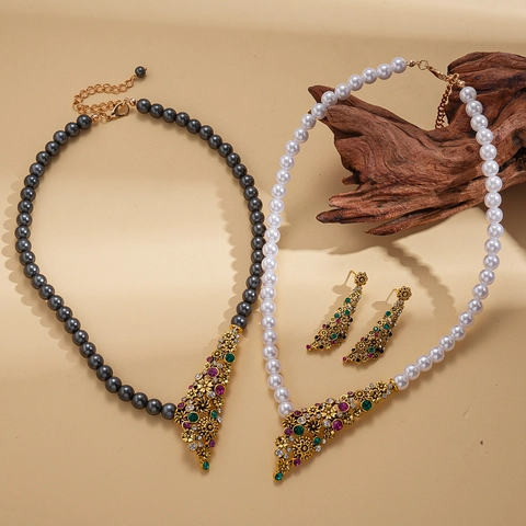 Collana E Orecchini Künstliche Perle Sintetiche Pendente Fiore Vintage Con Perno In Argento Strass Bohemien Da Donna
