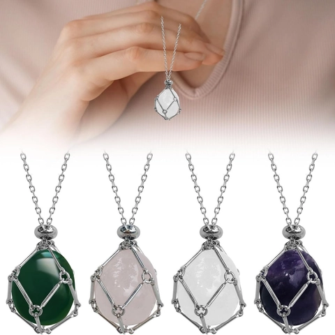 Natural Crystal Stone Pendant Necklace Metal Cage Wrapped Amethyst Rose Quartz Bamboo Chain Healing Jewelry