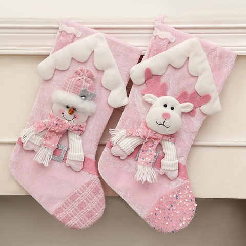 Pink Velvet Christmas Stockings With Santa Snowman Elk Sequin Decor Xmas Gift Bags Holiday Hanging Ornament Decoration