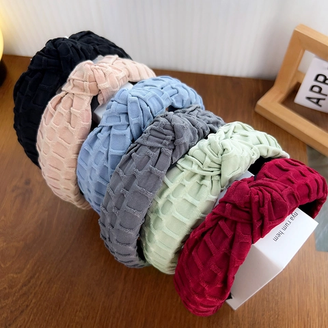 Cerchietto Annodato Largo Tessuto Trama Griglia Intrecciata Colore Solido Accessorio Capelli Vintage Donna