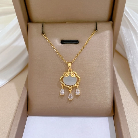 Ruyi Lock Anhänger Halskette Gold Edelstahlkette Synthetischer Katzenaugenstein Wassertropfen Zirkon Eleganter Schmuck