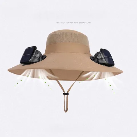 Solar Powered Dual Fan Bucket Hat Nylon Wide Brim Breathable Mesh Outdoor Fishing Hiking Sun Protection Waterproof