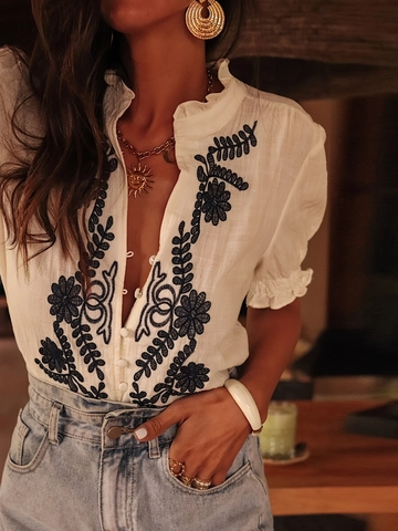 Women Floral Embroidery Blouse V-Neck Short Sleeve Single-Breasted Ruffle Trim Bohemian Vintage Polyester Spandex Top