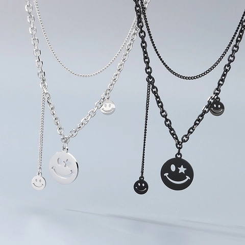 Smiley Face Dubbele Laag Ketting Voor Dames Heren Roestvrij Staal Retro Hip Hop Ster Oog Hanger Streetwear Sieraden