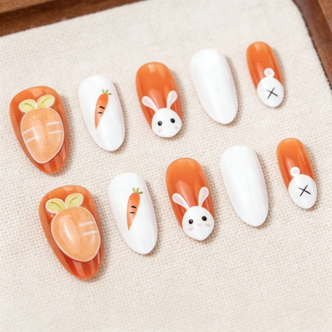 Uñas Postizas De Presión Almendra Larga Brillantes Plástico ABS Diseño Conejo Zanahoria Pascua Naranja Blanco Dibujos Animados