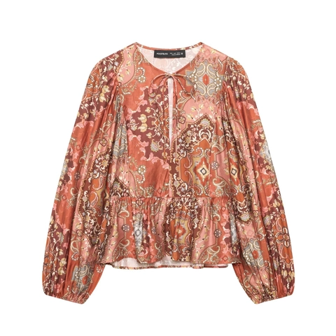 Boho Paisley Print Schößchen Top Lange Laternenärmel Bindekragen Rüschensaum Vintage Terrakotta Gewebte Bluse Damen