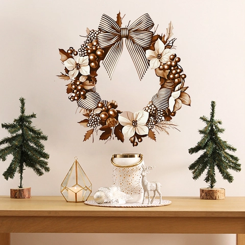 Weihnachtskranz Wandaufkleber PVC Abnehmbare Festive Florale Schleife Grafik Wohndeko Retro Braun Creme