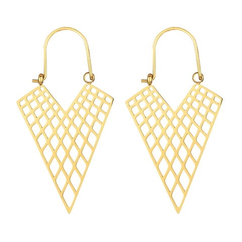 Stainless Steel V-Shaped Hollow Mesh Drop Earrings For Women Geometric Dangle Fashion Jewelry Elegant Hook Style