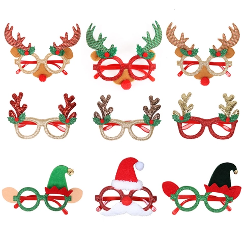 Christmas Decorative Glasses Frames Glitter Plastic Reindeer Antler Santa Hat Elf Ears Holiday Party Photo Props Novelty