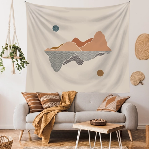 Tapiz De Pared Paisaje Abstracto Bohemio Montaña Sol Patrón Poliéster Decoración Nórdica Para Dormitorio Sala