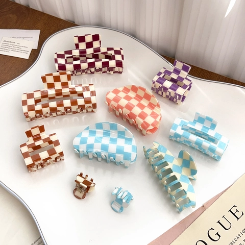 Checkerboard Hair Claw Clip Retro Acrylic Nonslip Hairpin Acetate Geometric Square Hair Catch Barrette Accessories For Women