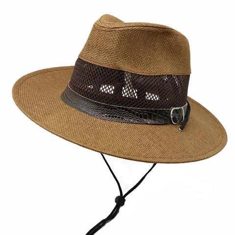 Cappello Fedora in Paglia Vintage da Uomo Estivo Traspirante a Rete Panama Cappello da Sole Tesa Larga Protezione UV Berretto Jazz da Spiaggia Con Cordino