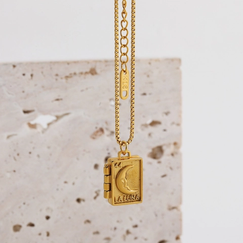 Vintage Stainless Steel Openable Book Locket Necklace Moon Heart Tarot Photo Pendant Box Chain Necklace For Men Women