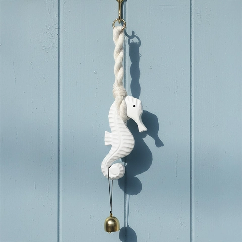 Carillon Éolien Hippocampe Décoration Suspendue Bois Méditerranéen Nautique Décoration Murale Avec Corde En Coton Et Cloche En Métal