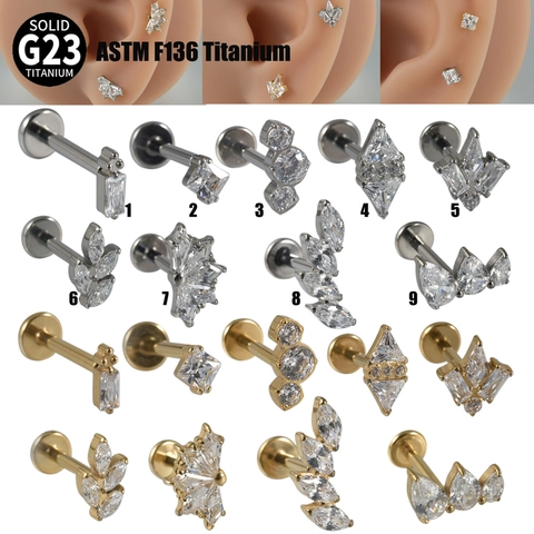 G23 Titanium Labret Stud Internal Thread Lip Ring Cartilage Earring Body Piercing Jewelry Marquise Flower Zircon Flat Back