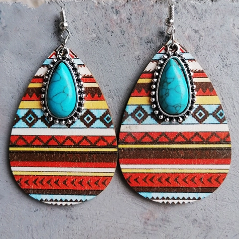Teardrop Ohrringe Holz Türkis Legierung Inlay Ethno Azteken Boho Western Stil Retro Damen